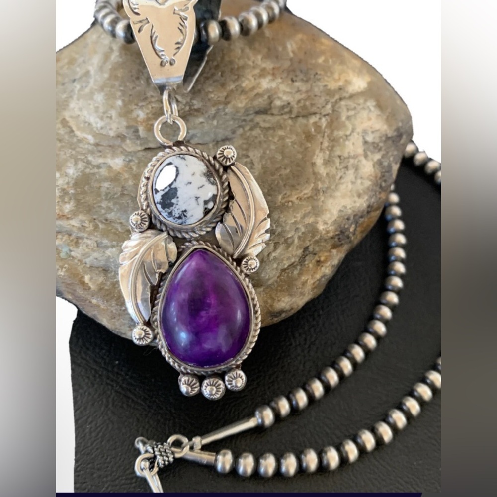 Native American Navajo Sterling Silver White Buffalo Turquoise Sugilite Pendant